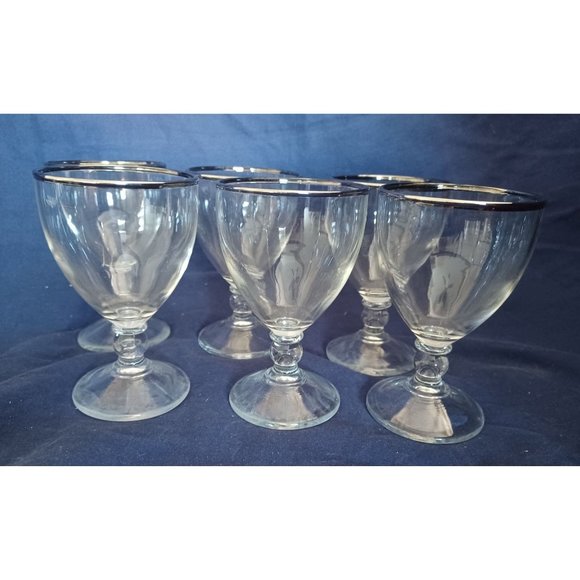 Vintage Set of 6 Silver Rimmed Crystal 8oz wine Bar Liquer Glasses Stemmed - Picture 5 of 7